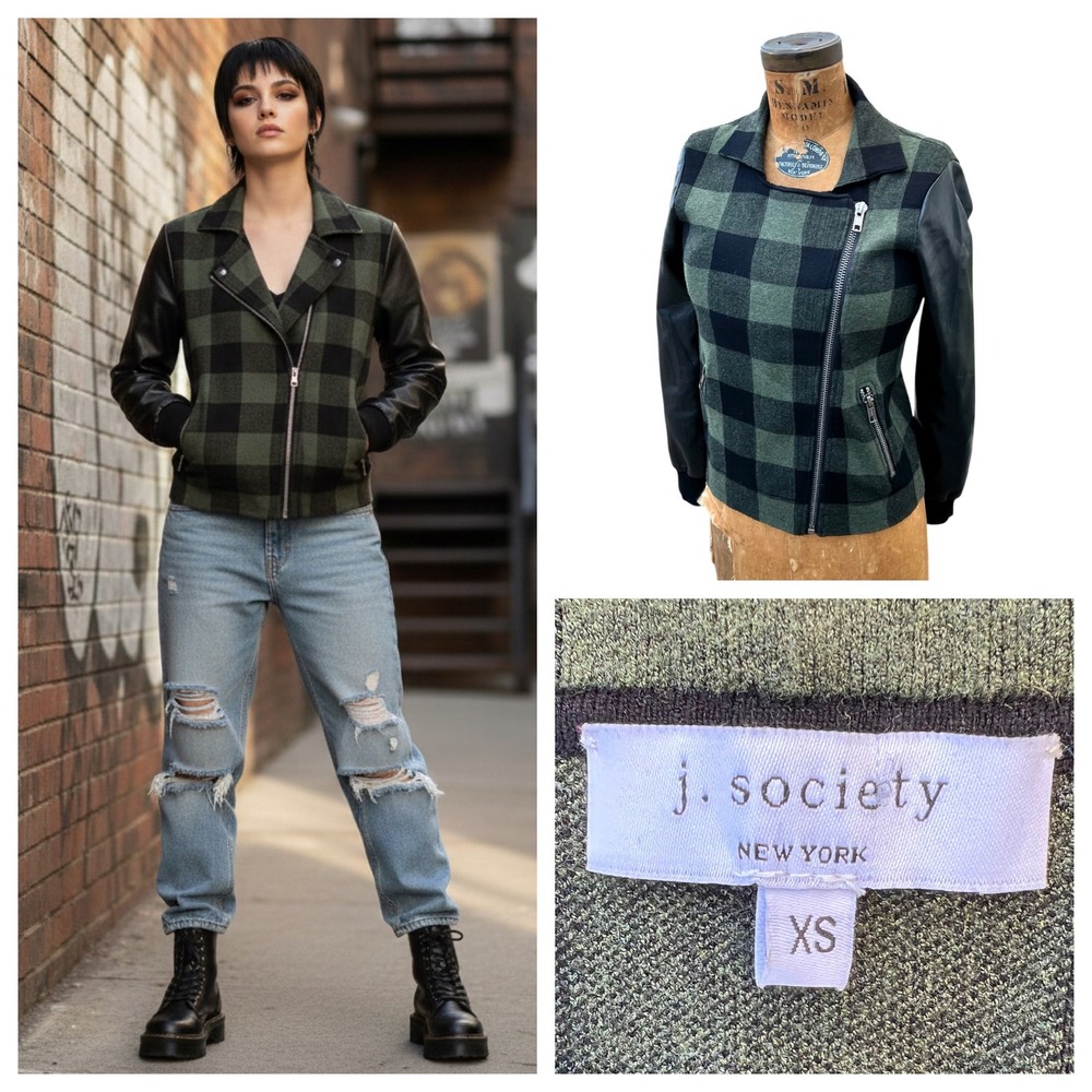 J Society Plaid Moto Jacket Women Vegan Leather Green XS Cyber Grunge Academia